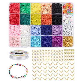 DIY Bracelet Making Kit, Including 12/0 Glass Seed Beads, Handmade Polymer Clay Beads, Acrylic Beads, Iron Bead Tips & Jump Ring, Alloy Clasp, Elastic Thread, Mixed Color, Beads: about 9680pcs/set