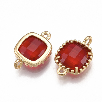 Glass Links connectors, with Brass Findings, Faceted, Square, Golden, Red, 14.5x9.5x3.5mm, Hole: 0.8~1.2mm