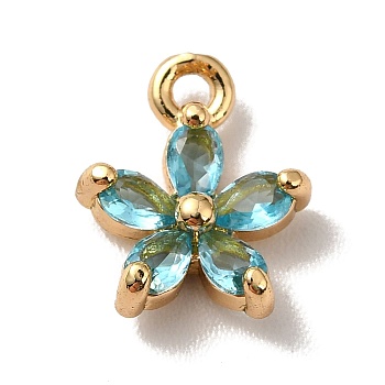 Brass Cubic Zirconia Flower Charms, Real 18K Gold Plated, Bauhinia Charm, Deep Sky Blue, 10x8x3mm, Hole: 1.2mm