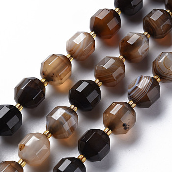 Natural Agate Beads Strands, Dyed, Faceted, with Seed Beads, Double Terminated Point Prism Beads, Bicone, Saddle Brown, 10.5~12.5x10~11.5mm, Hole: 1.5mm, about 27~29pcs/strand, 14.25 inch~15.16 inch(36.2cm~38.5cm)