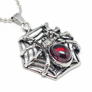 Alloy Glass Pendant Necklaces, with Iron Ball Chains, Spider, Antique Silver, 23.6 inch(60cm), 2mm