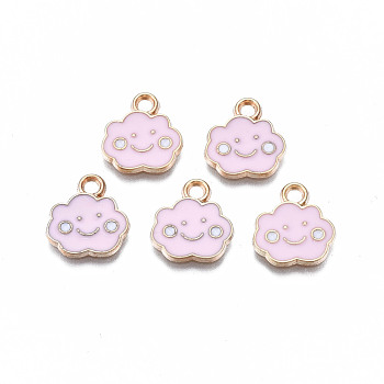 Alloy Enamel Charms, Cloud, with Smile Face, Light Gold, Pink, 13x12x1mm, Hole: 1.8mm
