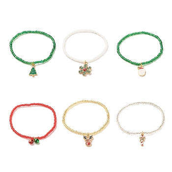6Pcs 6 Style Glass Seed Stretch Bracelets Set, Christmas Tree & Snowman & Bell & Reindeer Alloy Enamel Charm Bracelets for Women, Mixed Color, Inner Diameter: 2-1/8 inch(5.5cm), 1Pc/style