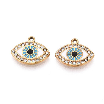 304 Stainless Steel Rhinestone Pendants, Evil Eye Charms, with Enamel, PVD Vacuum Plating, Real 18K Gold Plated, White, 14x17x2mm, Hole: 1.4~1.5mm
