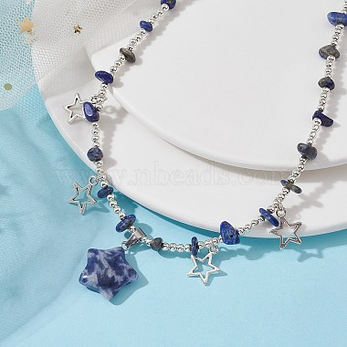 Natural Blue Spot Jasper & Alloy Star Charms Bib Necklace with Chips Beaded Chains(NJEW-JN04512-01)-2