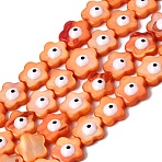 Dyed Natural Freshwater Shell Beads Strands, with Enamel, Flower with Evil Eye, Coral, 9.5~10.5x9.5~10.5x3.5~4mm, Hole: 0.5mm, about 39~41pcs/strand, 15.08~15.35''(38.3~39cm)(SHEL-A006-03D)
