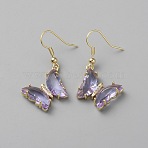 Cubic Zirconia Butterfly Dangle Earrings, Golden Brass Earrings, Violet, 40mm(EJEW-WH0050-01G-02)