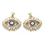 Brass Micro Pave Cubic Zirconia Pendants, with Enamel and Brass Snap on Bails, Eye, Real 18K Gold Plated, Nickel Free, Colorful, 21x25x2.5mm, Hole: 3x5mm(KK-N227-14-NF)