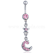Rhinestone Moon & Star Dangle Belly Ring, Alloy Navel Ring with 316L Surgical Stainless Steel Bar for Women Piercing Jewelry, Light Amethyst, 53x10mm(MOST-PW0001-073C)