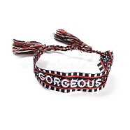 Word Gorgeous Polycotton(Polyester Cotton) Braided Bracelet with Tassel Charm, Flat Adjustable Wide Wristband for Couple, Saddle Brown, Inner Diameter: 2~3-1/8 inch(5~8cm)(BJEW-F429-03)