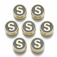 Alloy Enamel Beads, Cadmium Free & Nickel Free & Lead Free, Flat Round with Initial Letters, Light Gold, Letter.S, 8x4mm, Hole: 1.5mm(ENAM-S122-028S-NR)