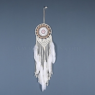 Iron Bohemian Woven Web/Net with Feather Macrame Wall Hanging Decorations, for Home Bedroom Decorations, Navajo White, 590mm(PW-WG41914-03)