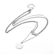 304 Stainless Steel Double Layer Necklaces, with Lobster Claw Clasps, Flat Round with Star, Stainless Steel Color, 16.2 inch(41.3cm), 1~2mm(NJEW-F267-24P)