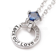 Blue Cubic Zirconia Ring Pendant Necklace, Word Lock Our Love Brass Couple Necklace for Women, Platinum, 16.26 inch(41.3cm)(NJEW-G073-05B-P)