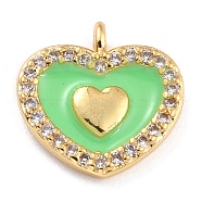 Golden Plated Brass Micro Pave Clear Cubic Zirconia Charms, with Enamel, Long-Lasting Plated, Heart, Lawn Green, 11x11.5x2.5mm, Hole: 1.2mm(ZIRC-L097-035F-G)