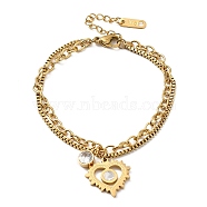 Ion Plating(IP) 304 Stainless Steel Box & Cable Chains Double Layer Multi-strand Bracelets, Cubic Zirconia & Natural Shell Heart Charms Bracelet, Golden, 6-3/4 inch(17cm)(BJEW-Z019-01G)