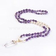 Natural Amethyst and Natural Quartz Crystal Pendant Necklaces, with Pearl and Brass Findings, Bullet, 31.5 inch~32.3 inch(80~82cm), Pendant: 45~55x15x10mm(NJEW-I220-04)