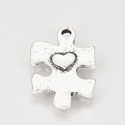 Tibetan Style Alloy Pendants, Puzzle Piece, Puzzle with Heart, Antique Silver, 22.5x15x2mm, Hole: 1.5mm(PALLOY-T019-37AS)