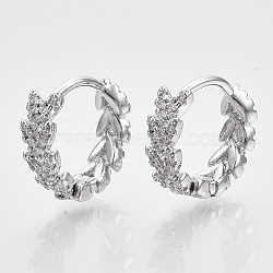 Brass Micro Pave Cubic Zirconia Huggie Hoop Earring, Flower Ring, Platinum, 13.5x4mm, Pin: 1mm(EJEW-N011-03P)