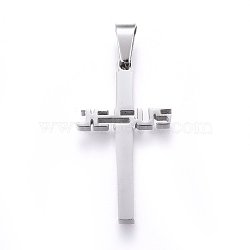 304 Stainless Steel Pendants, For Easter, Cross with Word Jesus, Stainless Steel Color, 31x17x2.2mm, Hole: 8x4mm(STAS-H469-45P)