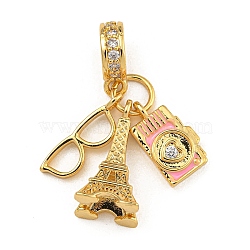 Rack Plating Brass Clear Cubic Zirconia & Enamel European Dangle Charms, Tower & Glasses & Camera Large Hole Pendants, Real 18K Gold Plated, Long-Lasting Plated, Real 18K Gold Plated, 29mm, Hole: 4mm(KK-U035-28G)