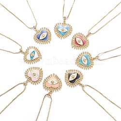 Brass Micro Pave Clear Cubic Zirconia Pendant Necklaces, with Enamel and Box Chains, Heart with Eye, Real 18K Gold Plated, Mixed Color, 17.52 inch (44.5cm)(NJEW-B079-08)