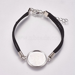 Suede Bracelet Making, with Alloy Tray Settings and Iron Chains, Flat Round, Platinum, Black, 8-1/8 inch~8-1/4 inch(20.5~21cm), Tray: 20mm(MAK-WH0007-01D)