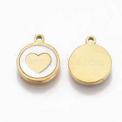 304 Stainless Steel Charms, with Shell, Flat Round with Heart, Golden, 12x10x1.5mm, Hole: 1.2mm(STAS-S079-126G)