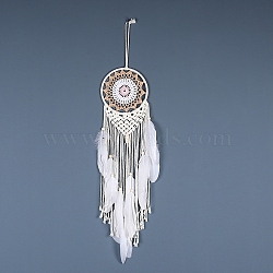 Iron Bohemian Woven Web/Net with Feather Macrame Wall Hanging Decorations, for Home Bedroom Decorations, Navajo White, 590mm(PW-WG41914-03)