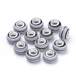 Resin European Beads, Large Hole Beads, with Silver Plated Brass Double Cores, Stripe, Rondelle, Gray, 14x8~8.5mm, Hole: 5mm(RPDL-S003-14)