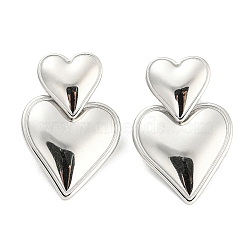 304 Stainless Steel Double Heart Dangle Stud Earrings for Women, Stainless Steel Color, 32.5x20mm(EJEW-D076-01A-P)