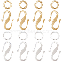 60Pcs 2 Color Brass S Hook Clasps, Long-Lasting Plated, with 60pcs 304 Stainless Steel & 60pcs Rack Plating Brass Jump Rings, 925 Sterling Silver Plated & Real 24K Gold Plated, 12x7.5x1mm(KK-CN0002-84)