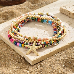 Multilayer Glass Seed Beads Starfish Pendant Anklet for Women, Boho Jewelry Summer Beach Foot Ankle Chain, Colorful, Inner Diameter: 2-3/8 inch(6cm), 6pcs/set(PW-WG7288D-01)