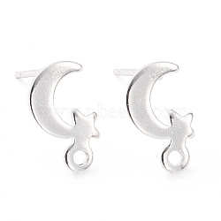 201 Stainless Steel Stud Earring Findings, with Horizontal Loop and 316 Stainless Steel Pin, Moon and Star, 925 Sterling Silver Plated, 11x7mm, Hole: 1.4mm, Pin: 0.7mm(STAS-K241-28S)
