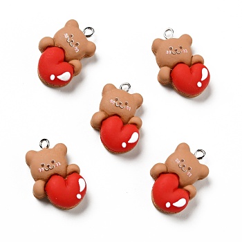 Opaque Resin Pendants, Bear with Heart Charm, with Platinum Tone Iron Loops, Red, 27x18.5x9mm, Hole: 2x2.5mm