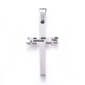 304 Stainless Steel Pendants, For Easter, Cross with Word Jesus, Stainless Steel Color, 31x17x2.2mm, Hole: 8x4mm