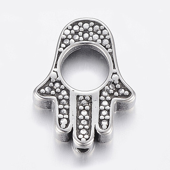 304 Stainless Steel Bead Frame, Hamsa Hand/Hand of Fatima /Hand of Miriam, Antique Silver, 19x14x3.5mm, Hole: 1.5mm and 6.5mm