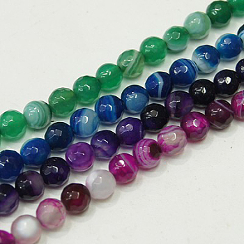 Natural Agate Strands, Stripes, Faceted, Dyed, Round, Mixed Color, 8mm in diameter, Hole: 1mm