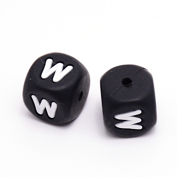 Silicone Beads, Cube with Letter.W, Black, 12x12x12mm, Hole: 2mm
