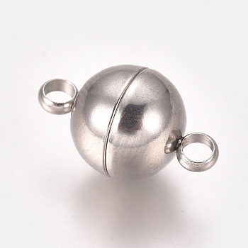 201 Stainless Steel Magnetic Clasps with Loops, Round, Stainless Steel Color, 13.5x8mm, Hole: 2mm