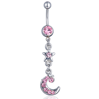 Rhinestone Moon & Star Dangle Belly Ring, Alloy Navel Ring with 316L Surgical Stainless Steel Bar for Women Piercing Jewelry, Light Amethyst, 53x10mm
