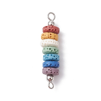 Natural Lava Rock Dyed Beaded Connector Charms, Chakra Disc Links with Brass Loops, Colorful, Platinum, 37x8mm, Hole: 1.8mm