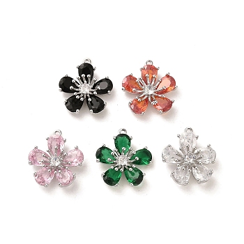 Glass Charms, with Brass Findings, Flower Charm, Real Platinum Plated, 14x13x5mm, Hole: 0.8mm