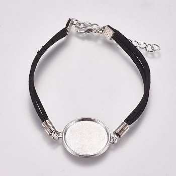 Suede Bracelet Making, with Alloy Tray Settings and Iron Chains, Flat Round, Platinum, Black, 8-1/8 inch~8-1/4 inch(20.5~21cm), Tray: 20mm