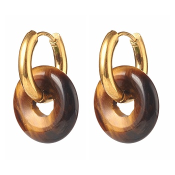 Handmade Natural Tiger Eye Dangle Hoop Earrings, with 304 Stainless Steel Huggie Hoop, Oval, 27mm, Pin: 1mm
