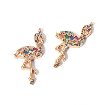 Brass Micro Pave Cubic Zirconia Links connectors, Flamingo Shapes, Colorful, Golden, 32.5x14.5x3.5mm, Hole: 1mm