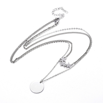 304 Stainless Steel Double Layer Necklaces, with Lobster Claw Clasps, Flat Round with Star, Stainless Steel Color, 16.2 inch(41.3cm), 1~2mm