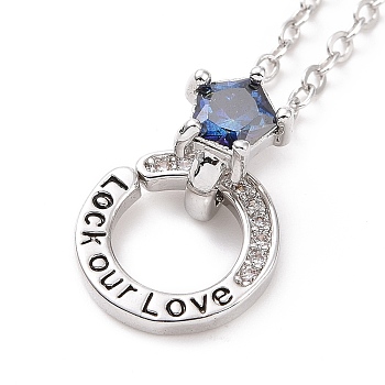 Blue Cubic Zirconia Ring Pendant Necklace, Word Lock Our Love Brass Couple Necklace for Women, Platinum, 16.26 inch(41.3cm)