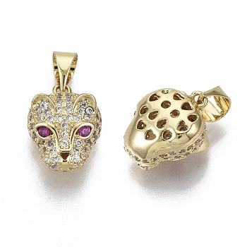 Brass Micro Pave Cubic Zirconia Charms, Nickel Free, Leopard Head, Clear, Real 18K Gold Plated, 13.5x10.5x8mm, Hole: 4mm