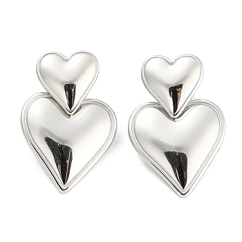 304 Stainless Steel Double Heart Dangle Stud Earrings for Women, Stainless Steel Color, 32.5x20mm